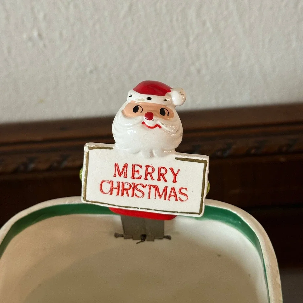 Vintage Holt Howard Christmas Candy Dish Evergreen Ceramic Jar Santa Pop Up
